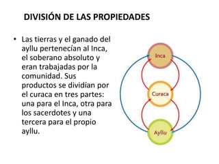 • Las tierras y el ganado del
ayllu pertenecían al Inca,
el soberano absoluto y
eran trabajadas por la
comunidad. Sus
productos se dividían por
el curaca en tres partes:
una para el Inca, otra para
los sacerdotes y una
tercera para el propio
ayllu.
DIVISIÓN DE LAS PROPIEDADES
 