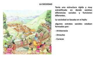 LA SOCIEDAD
Tenía una estructura rígida y muy
estratificada en donde existían
diferencias sociales y funciones
diferentes.
La sociedad se basaba en el Ayllu
algunos estratos sociales estaban
formados por:
- Aristocracia
- Amautas
- Curacas
 