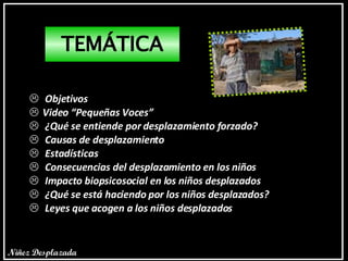 TEMÁTICA Objetivos Video “Pequeñas Voces” ¿Qué se entiende por desplazamiento forzado? Causas de desplazamiento Estadísticas Consecuencias del desplazamiento en los niños Impacto biopsicosocial en los niños desplazados ¿Qué se está haciendo por los niños desplazados? Leyes que acogen a los niños desplazados Niñez Desplazada 
