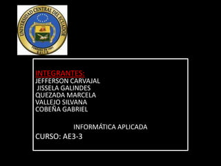 INTEGRANTES: JEFFERSON CARVAJAL JISSELA GALINDESQUEZADA MARCELAVALLEJO SILVANACOBEÑA GABRIEL INFORMÁTICA APLICADA CURSO: AE3-3 