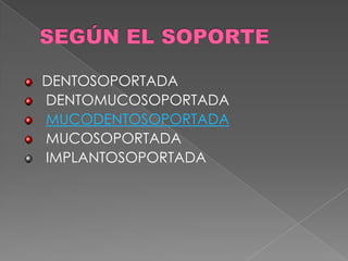DENTOSOPORTADA
DENTOMUCOSOPORTADA
MUCODENTOSOPORTADA
MUCOSOPORTADA
IMPLANTOSOPORTADA
 