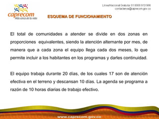 El total de comunidades a atender se divide en dos zonas en proporciones  equivalentes, siendo la atención alternante por mes, de manera que a cada zona el equipo llega cada dos meses, lo que permite incluir a los habitantes en los programas y darles continuidad. El equipo trabaja durante 20 días, de los cuales 17 son de atención efectiva en el terreno y descansan 10 días. La agenda se programa a razón de 10 horas diarias de trabajo efectivo. ESQUEMA DE FUNCIONAMIENTO 