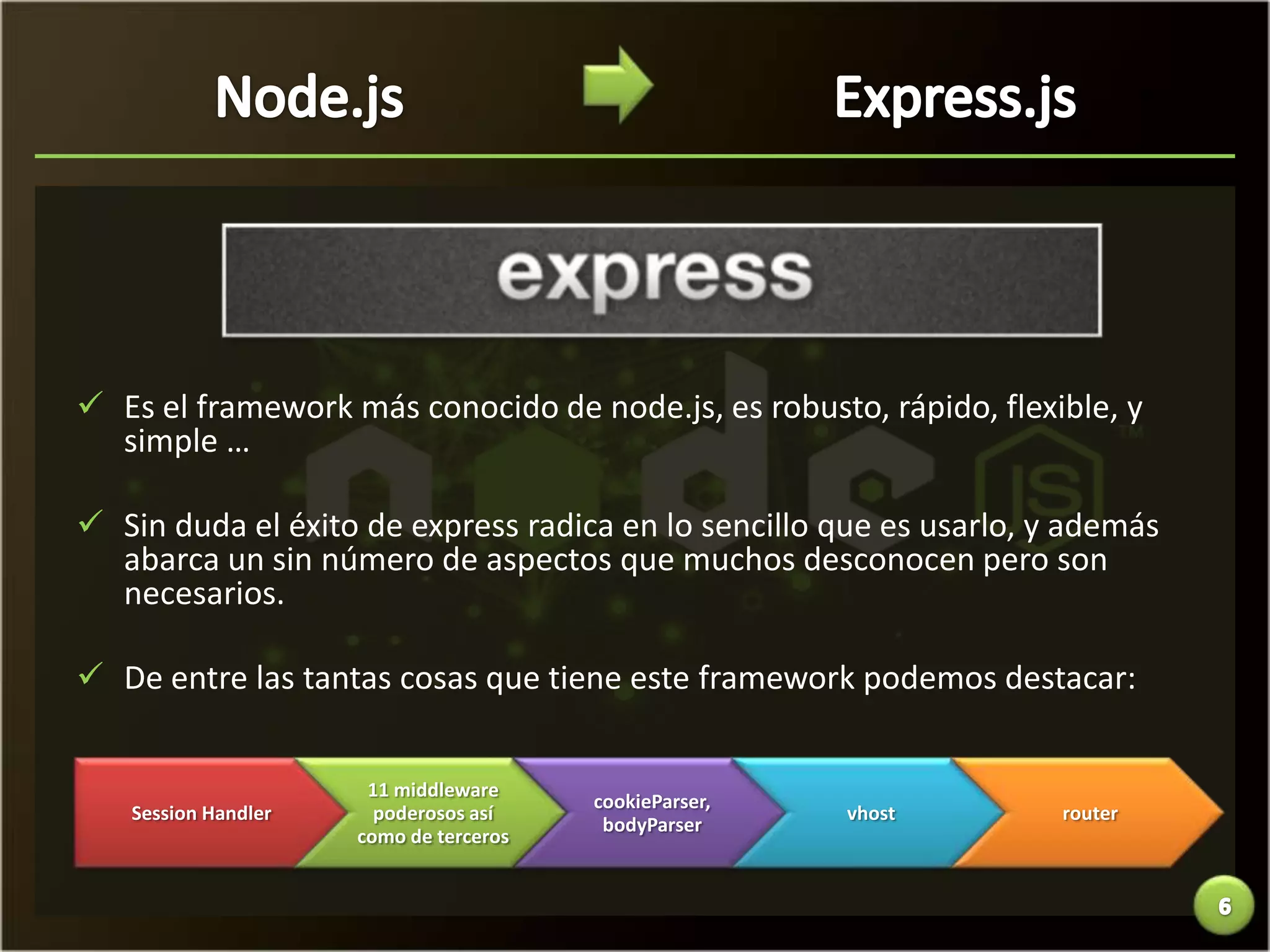  Es el framework más conocido de node.js, es robusto, rápido, flexible, y
  simple …

 Sin duda el éxito de express radica en lo sencillo que es usarlo, y además
  abarca un sin número de aspectos que muchos desconocen pero son
  necesarios.

 De entre las tantas cosas que tiene este framework podemos destacar:


                      11 middleware
                                        cookieParser,
   Session Handler     poderosos así                    vhost        router
                                         bodyParser
                     como de terceros
 