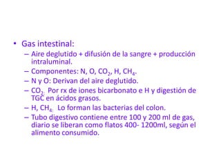 • Gas intestinal:
   – Aire deglutido + difusión de la sangre + producción
     intraluminal.
   – Componentes: N, O, CO2, H, CH4.
   – N y O: Derivan del aire deglutido.
   – CO2: Por rx de iones bicarbonato e H y digestión de
     TGC en ácidos grasos.
   – H, CH4: Lo forman las bacterias del colon.
   – Tubo digestivo contiene entre 100 y 200 ml de gas,
     diario se liberan como flatos 400- 1200ml, según el
     alimento consumido.
 