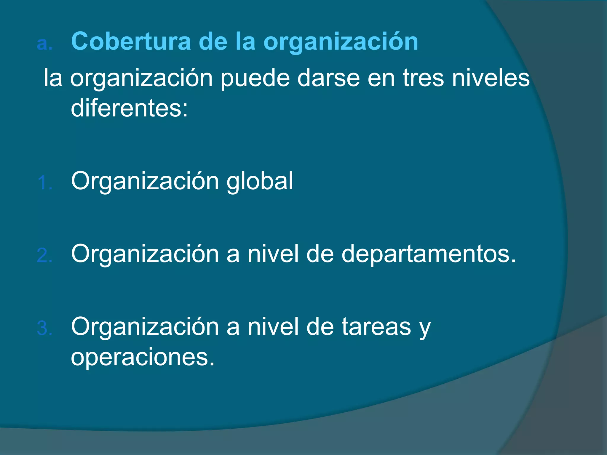 Organizaremos la segunda función administrativa y depende de la planeación la dirección y del control para formar el proceso administrativo.Determinar las actividades especificas necesarias para el alcance de los objetivos planeados (especializados)Agrupar las actividades en una estructura lógica ( departamentalización)Asignar las actividades a posiciones y personas especificas (cargos y tareas)