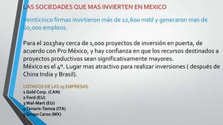 LAS SOCIEDADES QUE MAS INVIERTEN EN MEXICO
Veinticinco firmas invirtieron más de 12,600 mdd y generaron mas de
60,000 empleos.
Para el 2013hay cerca de 1,000 proyectos de inversión en puerta, de
acuerdo con Pro México, y hay confianza en que los recursos destinados a
proyectos productivos sean significativamente mayores.
México es el 4º. Lugar mas atractivo para realizar inversiones ( después de
China India y Brasil).
LISTADOS DE LAS 25 EMPRESAS.
1 Gold Corp. (CAN)
2 Ford (EU)
3Wal-Mart (EU)
4Tenaris-Tamsa (ITA)
5 Grupo Carso (MX)
 