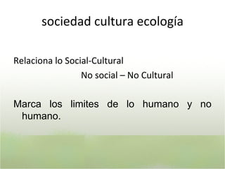 sociedad cultura ecología R elaciona lo Social-Cultural N o social  –  No Cultural M arca los limites de lo humano y no humano. 