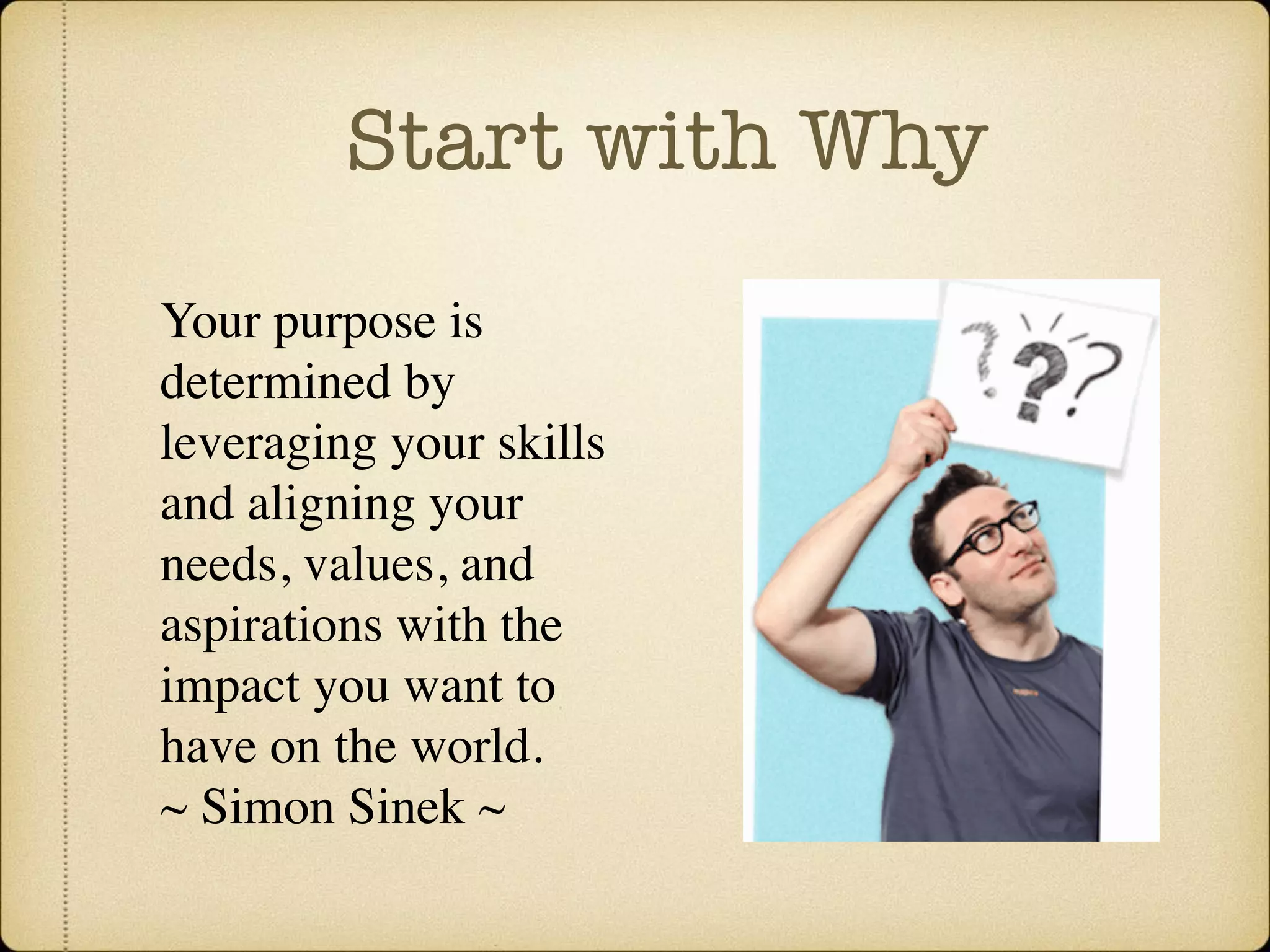 Start with Why
Your purpose is
determined by
leveraging your skills
and aligning your
needs, values, and
aspirations with the
impact you want to
have on the world.
~ Simon Sinek ~
 