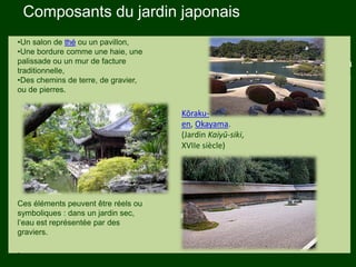 Les végétaux (arbres, arbustes …) a
fruits ou baies toxiques doivent être
plantés hors portée des enfants.
Les petits éléments ne doivent pas
être multipliés , car ils sont souvent
hors échelle.
•Un salon de thé ou un pavillon,
•Une bordure comme une haie, une
palissade ou un mur de facture
traditionnelle,
•Des chemins de terre, de gravier,
ou de pierres.
Ces éléments peuvent être réels ou
symboliques : dans un jardin sec,
l’eau est représentée par des
graviers.
.
Kōraku-
en, Okayama.
(Jardin Kaiyū-siki,
XVIIe siècle)
Composants du jardin japonais
 