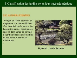 3-2 les jardins irréguliers
Ce type de jardin est fleuri en
Angleterre au 19eme siècle et
s’est inespéré par la nature. Les
lignes sinieuses et capricieuses
sont la dominance de ce type
de jardin ou les eaux sont libres
et naturelles. C’est un art
d’imitation.
.
3-Classification des jardins selon leur tracé géométrique
Figure 02 : Jardin japonais
 