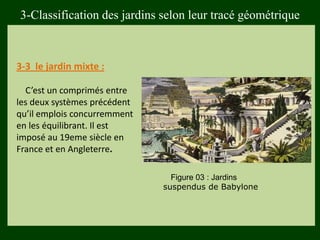 3-3 le jardin mixte :
C’est un comprimés entre
les deux systèmes précédent
qu’il emplois concurremment
en les équilibrant. Il est
imposé au 19eme siècle en
France et en Angleterre.
3-Classification des jardins selon leur tracé géométrique
Figure 03 : Jardins
suspendus de Babylone
 