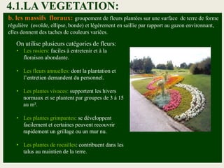 b. les massifs floraux: groupement de fleurs plantées sur une surface de terre de forme
régulière (ovoïde, ellipse, bonde) et légèrement en saillie par rapport au gazon environnant,
elles donnent des taches de couleurs variées.
On utilise plusieurs catégories de fleurs:
• Les rosiers: faciles à entretenir et à la
floraison abondante.
• Les fleurs annuelles: dont la plantation et
l’entretien demandent du personnel.
• Les plantes vivaces: supportent les hivers
normaux et se plantent par groupes de 3 à 15
au m².
• Les plantes grimpantes: se développent
facilement et certaines peuvent recouvrir
rapidement un grillage ou un mur nu.
• Les plantes de rocailles: contribuent dans les
talus au maintien de la terre.
4.1.LA VEGETATION:
 
