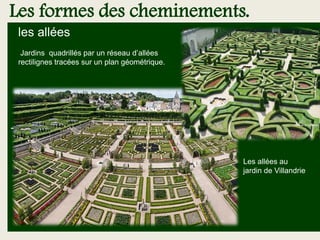 -
Les formes des cheminements.
les allées
Jardins quadrillés par un réseau d’allées
rectilignes tracées sur un plan géométrique.
Plan montrant la répartition des espaces
d’eau dans les jardins
Les allées au
jardin de Villandrie
Fontaine de Latone
 