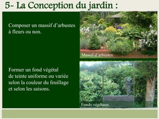 Composer un massif d’arbustes
à fleurs ou non.
Former un fond végétal
de teinte uniforme ou variée
selon la couleur du feuillage
et selon les saisons.
Massif d’arbustes.
Fonds végétaux.
5- La Conception du jardin :
 
