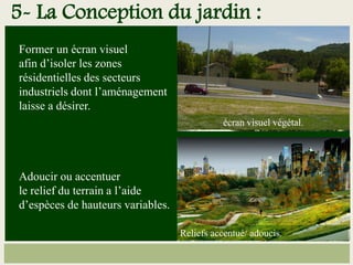 Former un écran visuel
afin d’isoler les zones
résidentielles des secteurs
industriels dont l’aménagement
laisse a désirer.
Adoucir ou accentuer
le relief du terrain a l’aide
d’espèces de hauteurs variables.
écran visuel végétal.
Reliefs accentué/ adoucis.
5- La Conception du jardin :
 