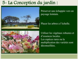 Préserver une échappée vers un
paysage lointain.
Placer les arbres a l’échelle.
Utiliser les végétaux robustes et
d’essences locales.
Les espèces rares ou la
multiplication des variétés sont
déconseillées.
Olivier (arbre robuste)
Echappées.
Orchidées rares.
5- La Conception du jardin :
 