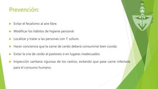 Prevención:
 Evitar el fecalismo al aire libre.
 Modificar los hábitos de higiene personal.
 Localizar y tratar a las personas con T. solium.
 Hacer conciencia que la carne de cerdo deberá consumirse bien cocida.
 Evitar la cría de cerdo al pastoreo o en lugares inadecuados.
 Inspección sanitaria rigurosa de los rastros, evitando que pase carne infectada
para el consumo humano.
 