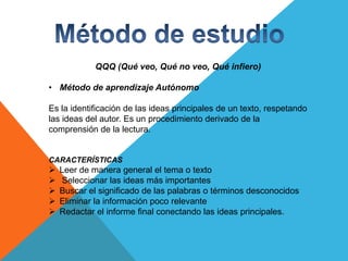QQQ (Qué veo, Qué no veo, Qué infiero)

• Método de aprendizaje Autónomo

Es la identificación de las ideas principales de un texto, respetando
las ideas del autor. Es un procedimiento derivado de la
comprensión de la lectura.


CARACTERÍSTICAS
   Leer de manera general el tema o texto
   Seleccionar las ideas más importantes
   Buscar el significado de las palabras o términos desconocidos
   Eliminar la información poco relevante
   Redactar el informe final conectando las ideas principales.
 