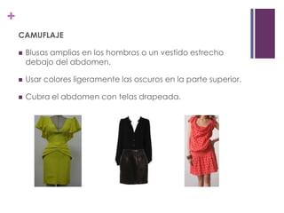+
    CAMUFLAJE

       Blusas amplias en los hombros o un vestido estrecho
        debajo del abdomen.

       Usar colores ligeramente las oscuros en la parte superior.

       Cubra el abdomen con telas drapeada.
 