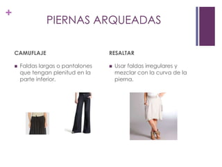 +
                 PIERNAS ARQUEADAS

    CAMUFLAJE                        RESALTAR

       Faldas largas o pantalones      Usar faldas irregulares y
        que tengan plenitud en la        mezclar con la curva de la
        parte inferior.                  pierna.
 