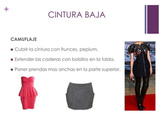 +
                       CINTURA BAJA

    CAMUFLAJE

       Cubrir la cintura con frunces, peplum.

       Extender las caderas con bolsillos en la falda.

       Poner prendas mas anchas en la parte superior.
 