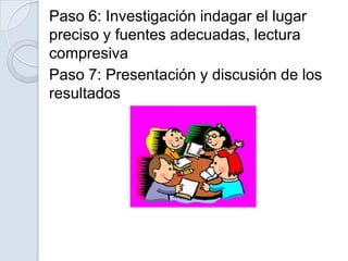 Paso 6: Investigación indagar el lugar
preciso y fuentes adecuadas, lectura
compresiva
Paso 7: Presentación y discusión de los
resultados
 