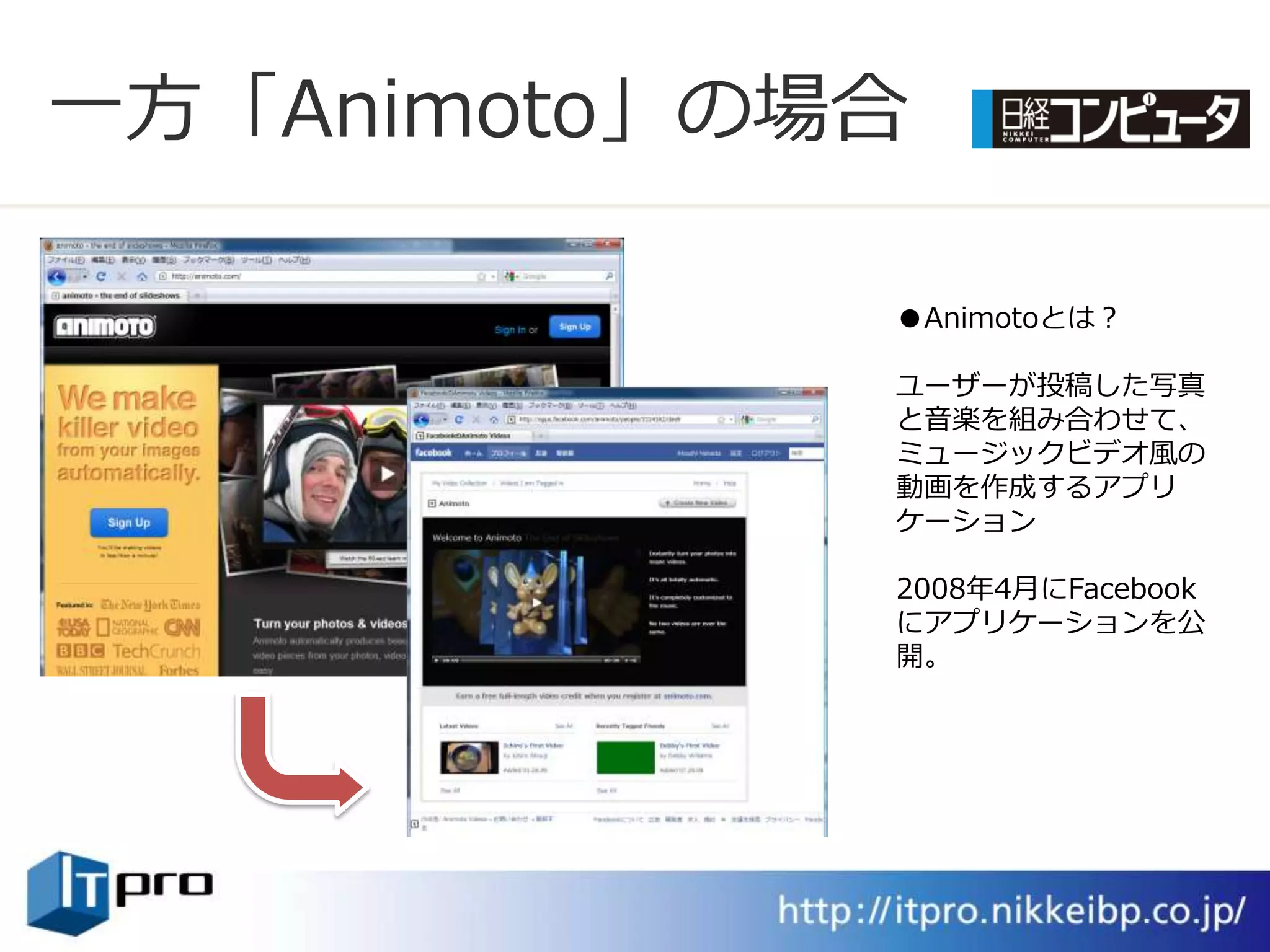 一方「Animoto」の場合

             ●Animotoとは？

             ユーザーが投稿した写真
             と音楽を組み合わせて、
             ミュージックビデオ風の
             動画を作成するゕプリ
             ケーション

             2008年4月にFacebook
             にゕプリケーションを公
             開。
 