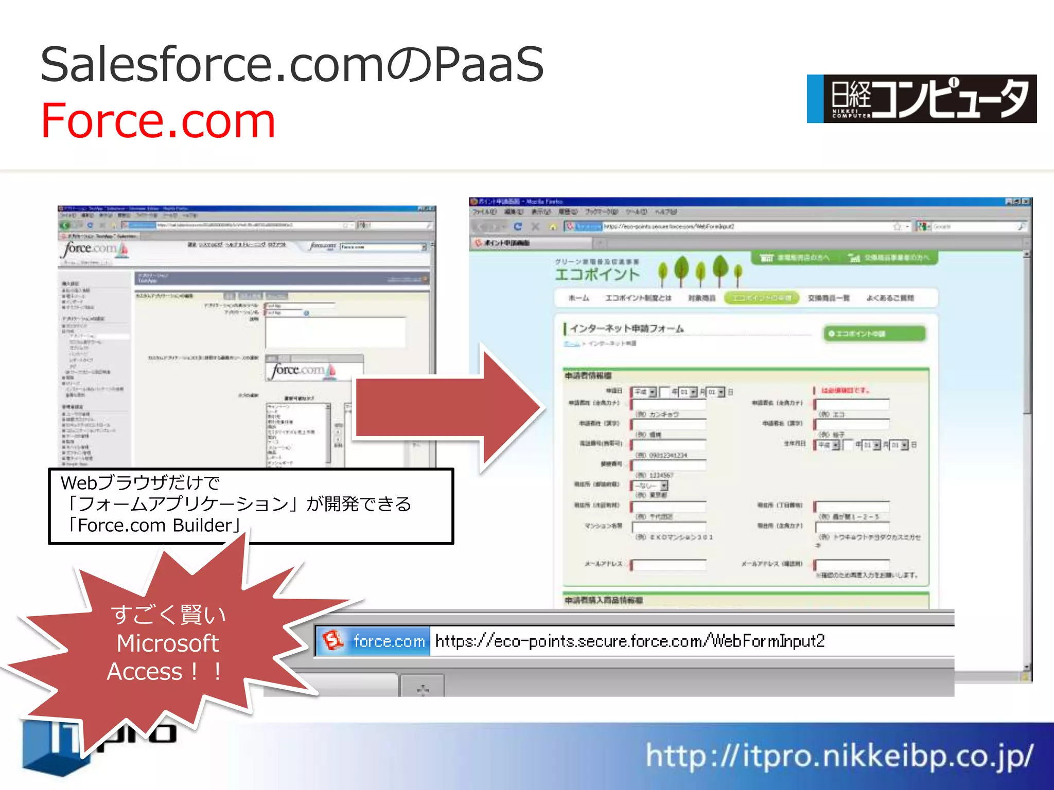 Salesforce.comのPaaS
Force.com




Webブラウザだけで
「フォームゕプリケーション」が開発できる
「Force.com Builder」




  すごく賢い
   Microsoft
  Access！！
 