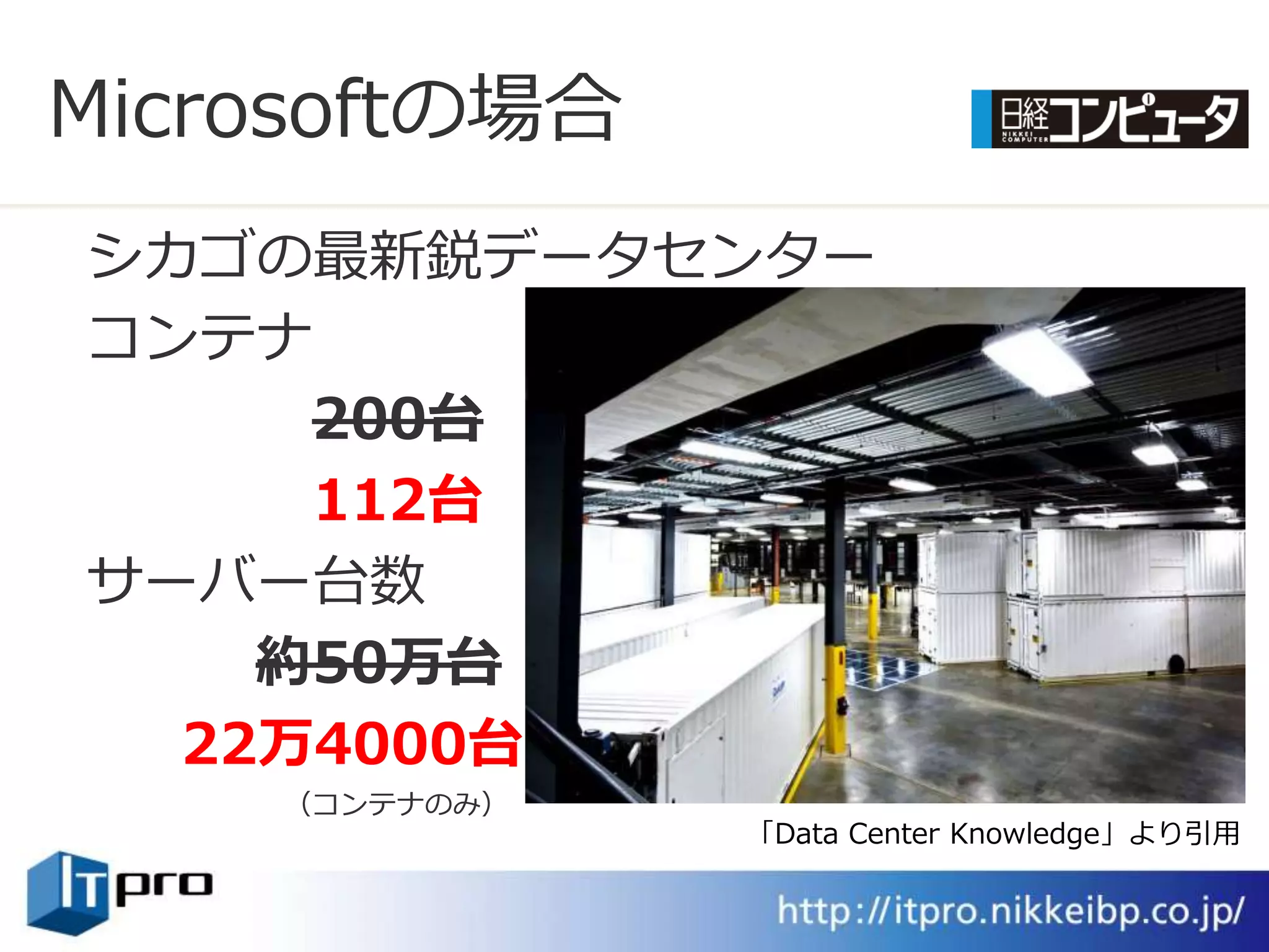 Microsoftの場合
シカゴの最新鋭データセンター
コンテナ
     200台
     112台
サーバー台数
    約50万台
  22万4000台
    （コンテナのみ）
               「Data Center Knowledge」より引用
 