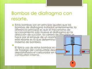 Bombas de diafragma con
resorte.
 Estas bombas son en principio iguales que las
bombas de diafragma tratadas anteriormente, la
diferencia principal es que el mecanismo de
accionamiento solo mueve el diafragma en la
dirección de succión, la carrera de impulsión se
hace por el empuje de un resorte. La fuerza de
este resorte es la que determina la presión
máxima de bombeo.

El típico uso de estas bombas es como elemento
de trasiego del combustible desde el
depósitohasta el carburador en los motores de
combustión interna.
 