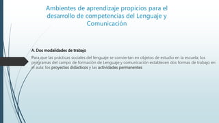 Ambientes de aprendizaje propicios para el
desarrollo de competencias del Lenguaje y
Comunicación
A. Dos modalidades de trabajo
Para que las prácticas sociales del lenguaje se conviertan en objetos de estudio en la escuela; los
programas del campo de formación de Lenguaje y comunicación establecen dos formas de trabajo en
el aula: los proyectos didácticos y las actividades permanentes
 