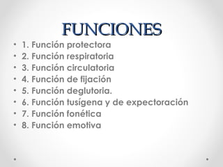 FUNCIONESFUNCIONES
• 1. Función protectora
• 2. Función respiratoria
• 3. Función circulatoria
• 4. Función de fijación
• 5. Función deglutoria.
• 6. Función tusígena y de expectoración
• 7. Función fonética
• 8. Función emotiva
 