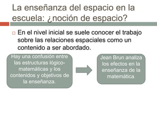 La enseñanza del espacio en la
escuela: ¿noción de espacio?
 En el nivel inicial se suele conocer el trabajo
sobre las relaciones espaciales como un
contenido a ser abordado.
Hay una confusión entre
las estructuras lógico-
matemáticas y los
contenidos y objetivos de
la enseñanza.
Jean Brun analiza
los efectos en la
enseñanza de la
matemática.
 