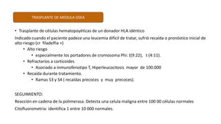 • Trasplante de células hematopoyéticas de un donador HLA idéntico
Indicado cuando el paciente padece una leucemia difícil de tratar, sufrió recaída o pronóstico inicial de
alto riesgo (cr filadelfia +)
• Alto riesgo
• especialmente los portadores de cromosoma Phi: t(9:22), t (4:11).
• Refractarios a corticoides
• Asociado a inmunofenotipo T, Hiperleucocitosis mayor de 100.000
• Recaída durante tratamiento.
• Ramas S3 y S4 ( recaídas precoces y muy precoces).
SEGUIMIENTO:
Reacción en cadena de la polimerasa. Detecta una celula maligna entre 100 00 células normales
Citofluorometria: identifica 1 entre 10 000 normales.
TRASPLANTE DE MEDULA OSEA
 