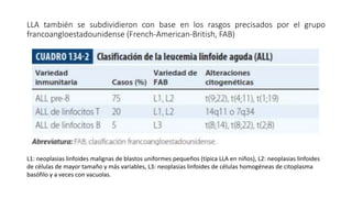 LLA también se subdividieron con base en los rasgos precisados por el grupo
francoangloestadounidense (French-American-British, FAB)
L1: neoplasias linfoides malignas de blastos uniformes pequeños (típica LLA en niños), L2: neoplasias linfoides
de células de mayor tamaño y más variables, L3: neoplasias linfoides de células homogéneas de citoplasma
basófilo y a veces con vacuolas.
 