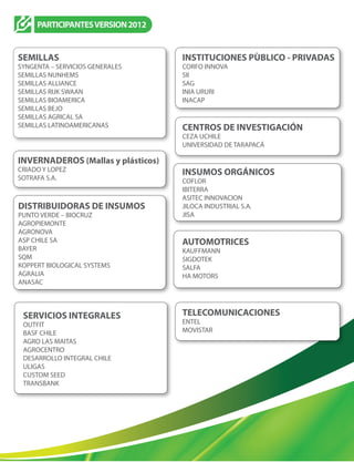 PARTICIPANTESVERSION2012
SEMILLAS
SYNGENTA – SERVICIOS GENERALES
SEMILLAS NUNHEMS
SEMILLAS ALLIANCE
SEMILLAS RIJK SWAAN
SEMILLAS BIOAMERICA
SEMILLAS BEJO
SEMILLAS AGRICAL SA
SEMILLAS LATINOAMERICANAS
INVERNADEROS (Mallas y plásticos)
CRIADO Y LOPEZ
SOTRAFA S.A.
DISTRIBUIDORAS DE INSUMOS
PUNTO VERDE – BIOCRUZ
AGROPIEMONTE
AGRONOVA
ASP CHILE SA
BAYER
SQM
KOPPERT BIOLOGICAL SYSTEMS
AGRALIA
ANASAC
INSTITUCIONES PÙBLICO - PRIVADAS
CORFO INNOVA
SII
SAG
INIA URURI
INACAP
CENTROS DE INVESTIGACIÓN
CEZA UCHILE
UNIVERSIDAD DE TARAPACÁ
INSUMOS ORGÁNICOS
COFLOR
IBITERRA
ASITEC INNOVACION
JILOCA INDUSTRIAL S.A.
JISA
AUTOMOTRICES
KAUFFMANN
SIGDOTEK
SALFA
HA MOTORS
SERVICIOS INTEGRALES
OUTFIT
BASF CHILE
AGRO LAS MAITAS
AGROCENTRO
DESARROLLO INTEGRAL CHILE
ULIGAS
CUSTOM SEED
TRANSBANK
TELECOMUNICACIONES
ENTEL
MOVISTAR
 
