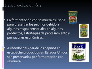Introducción La fermentación con salmuera es usada para preservar los pepinos debido a algunos rasgos sensoriales en algunos productos, estrategias de procesamiento y por razones económicas. Alrededor del 40% de los pepinos en escabeche producidos en Estados Unidos, son preservados por fermentación con salmuera. 