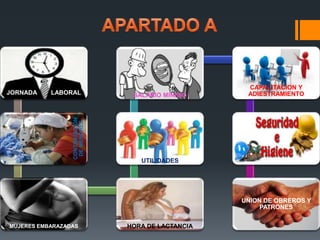 JORNADA LABORAL 
CONTRATACIÓN 
DE MENORES 
SALARIO MINIMO 
UTILIDADES 
MUJERES EMBARAZADAS HORA DE LACTANCIA 
CAPACITACION Y 
ADIESTRAMIENTO 
UNION DE OBREROS Y 
PATRONES 
 