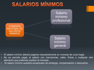 COMISIÓN 
NACIONAL DE 
SALARIOS 
MÍNIMOS 
Salario 
mínimo 
profesional 
Salario 
mínimo 
general 
• El salario mínimo deberá pagarse necesariamente en moneda de curso legal. 
• No se permite pagar el salario con mercancías, vales, fichas o cualquier otro 
elemento que pretenda sustituir la moneda. 
• El salario mínimo quedará exceptuado de embargo, compensación o descuento. 
 