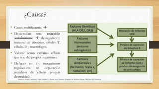 ¿Causa?
• Causa multifactorial 
• Desarrollan una reacción
autoinmune  desregulación
inmune de citosinas, células T,
células B y macrófagos.
• Valorar como extrañas células
que son del propio organismo.
• Defecto en los mecanismos
reguladores de depuración
(residuos de células propias
destruidas).
Dennis L. Kasper, Anthony S. Fauci, Stephen L. Hauser, et al: Harrison. Principios de Medicina Interna, McGraw-Hill Education
 