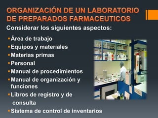 Área de trabajo
Equipos y materiales
Materias primas
Personal
Manual de procedimientos
Manual de organización y
funciones
Libros de registro y de
consulta
Sistema de control de inventarios
Considerar los siguientes aspectos:
 