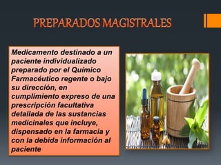 Medicamento destinado a un
paciente individualizado
preparado por el Químico
Farmacéutico regente o bajo
su dirección, en
cumplimiento expreso de una
prescripción facultativa
detallada de las sustancias
medicinales que incluye,
dispensado en la farmacia y
con la debida información al
paciente
 