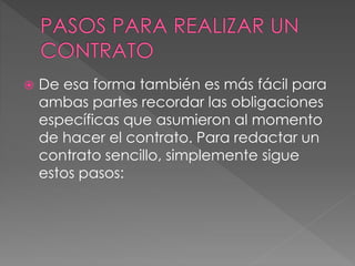  De esa forma también es más fácil para 
ambas partes recordar las obligaciones 
específicas que asumieron al momento 
de hacer el contrato. Para redactar un 
contrato sencillo, simplemente sigue 
estos pasos: 
 