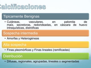 Tipicamente Benignas
• Cutáneas, vasculares, en palomita de
maíz, secretoras, redondeadas, en cáscara de huevo
intraquísticas, distróficas
Sospecha intermedia
• Amorfas y Heterogéneas
Alta sospecha
• Finas pleomórficas y Finas lineales (ramificadas)
Distribución
• Difusas, regionales, agrupadas, lineales o segmentadas
 