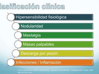 Hipersensibilidad fisiológica
Nodularidad
Mastalgia
Masas palpables
Descarga por pezón
Infecciones / Inflamación
LOVE S, GELMAN RS, SILEN W. FIBROCYSTIC ―DISEASE‖ OF THE BREAST—A NONDISEASE? N ENGL J MED
1982; 307:1010–1014.
 
