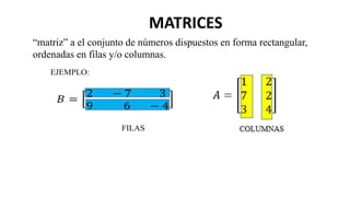 “matriz” a el conjunto de números dispuestos en forma rectangular,
ordenadas en filas y/o columnas.
MATRICES
EJEMPLO:
𝐴 =
1 2
7 2
3 4
FILAS COLUMNAS
 