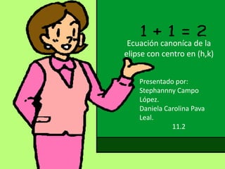 Ecuación canoníca de la
elipse con centro en (h,k)
Presentado por:
Stephannny Campo
López.
Daniela Carolina Pava
Leal.
11.2
 