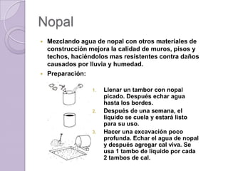 NopalMezclando agua de nopal con otros materiales de construcción mejora la calidad de muros, pisos y techos, haciéndolos mas resistentes contra daños causados por lluvia y humedad.Preparación:Llenar un tambor con nopal picado. Después echar agua hasta los bordes.Después de una semana, el liquido se cuela y estará listo para su uso.Hacer una excavación poco profunda. Echar el agua de nopal y después agregar cal viva. Se usa 1 tambo de liquido por cada 2 tambos de cal.