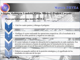 5
• Unir los cuatro puntos y obtenga el polígono.
6
• Grafique el vector realizando las operaciones respectivas. (Es el resultado de la
suma de las cifras positivas y negativas en cada eje).
7
• El vector indicara el campo de ubicación de la organización en cada cuadrante. Esa
posición será entonces el punto de partida para la formulación de las opciones
estratégicas que sirvan de base para la definición de los proyectos estratégicos.
8
• Elabore un pequeño análisis de la posición estratégica y el significado de los
resultados en cada uno de los ejes.
Según Malangón Londoño, Galán Morera y Pontón Laverde
•Pasos para preparar una matriz PEYEA
León, María F
 