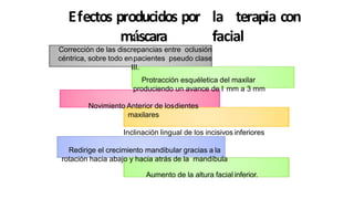 Efectos producidos por la terapia con
máscara facial
Gott
Corrección de las discrepancias entre oclusión
céntrica, sobre todo enpacientes pseudo clase
III.
Protracción esquéletica del maxilar
produciendo un avance de I mm a 3 mm
Novimiento Anterior de losdientes
maxilares
Inclinación lingual de los incisivos inferiores
Redirige el crecimiento mandibular gracias a la
rotación hacia abajo y hacia atrás de la mandíbula
Aumento de la altura facial inferior.
 